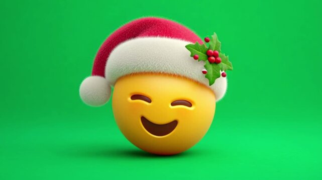 Winking emoji wearing a santa hat with holly, isolated on a green background, symbolizing christmas cheer and holiday greetings