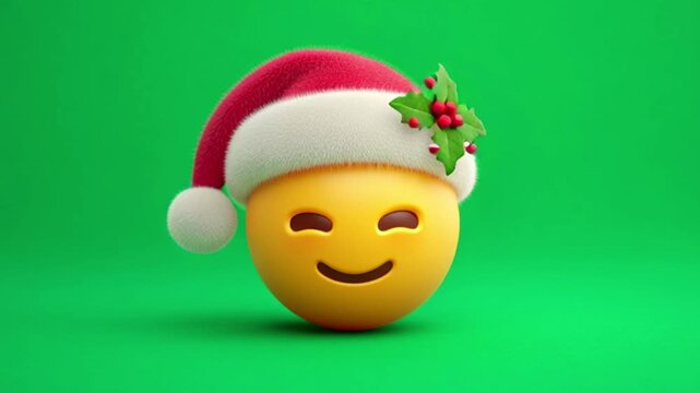 Winking emoji wearing a santa hat with holly, isolated on a green background, symbolizing christmas cheer and holiday greetings