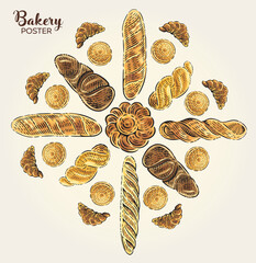 Vector illustration in a graphic style: a symmetrical composition of baked goods. Includes a loaf, bread, buns, croissants, and baguettes. Perfect for a bakery or bread shop sign or poster design.