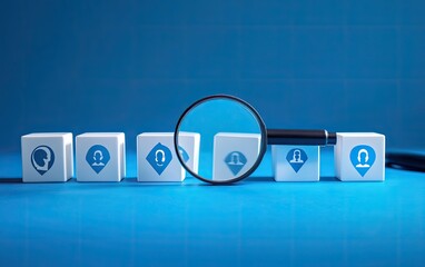 Magnetic strip of white cubes with blue diamond and human head icons on them, against a vibrant royal-blue background.