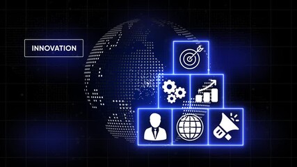 Innovation concept with glowing icons representing business strategy growth global reach and communication on a digital abstract background with a dotted earth globe - Powered by Adobe