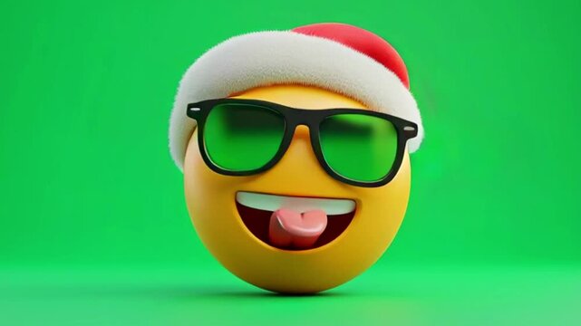 A stylish emoji wearing sunglasses and a santa hat, sticking out its tongue on a green background for christmas