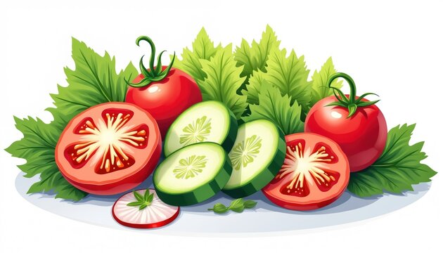 red tomatoes and green cucumbers on plate clip art preview