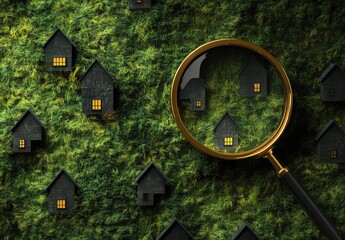 Magnifying glass, green grass background with small houses silhouette and magnifying glass on top,