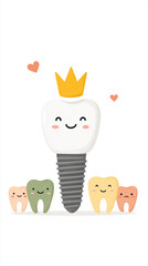 Fototapeta premium Cute crown character with smiling dental friends for dental care design