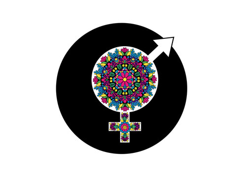 A bigender LGBTQ+ symbol in a rainbow floral design with flowers and leaves