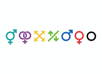 Isolated representations of various genders, an LGBTQ rainbow set, including transgender, non-binary, agender, androgyne, and genderqueer symbols, illustrating concepts of homosexuality, lesbianism