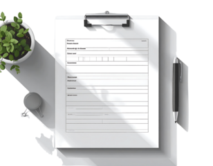 Blank medical prescription form on a clipboard with a pen and plant isolated on transparent background