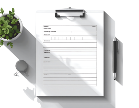 Blank medical prescription form on a clipboard with a pen and plant isolated on transparent background