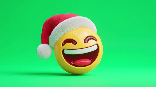 Joyful emoji wearing a santa hat, with a big smile and open mouth, on a green background, celebrating christmas