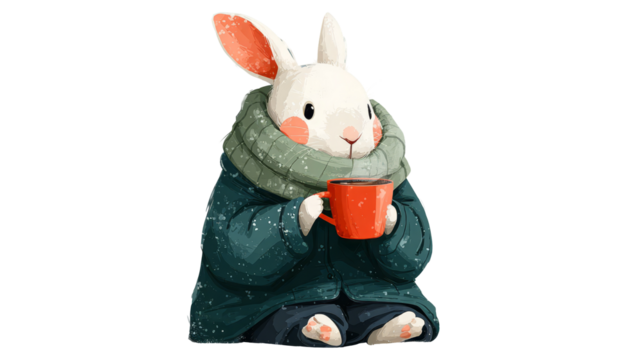 Cute rabbit character in a cozy green scarf holding a red mug, sitting comfortably, surrounded by a warm winter atmosphere, perfect for seasonal illustrations. transparent background