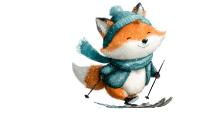 Cute fox skiing in a blue hat and scarf, joyfully gliding through the snow, showcasing a playful winter scene with vibrant colors and cheerful ambiance. transparent background