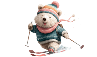 Cute bear skiing joyfully in colorful winter attire, showcasing vibrant hat and scarf, capturing the essence of playful winter adventures with copy space. transparent background