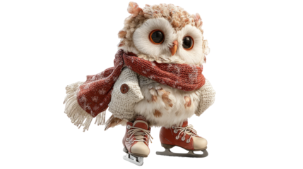 Cute owl wearing a cozy scarf and ice skates, standing confidently on the ice, showcasing a whimsical winter scene with charming details and vibrant colors. transparent background