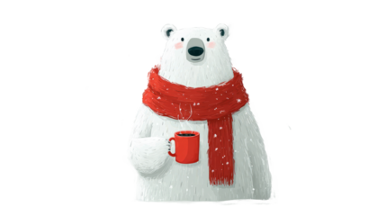Cute polar bear wearing a red scarf is holding a steaming mug of cocoa, surrounded by a snowy atmosphere, evoking warmth and coziness in winter. transparent background