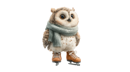 Cute owl wearing a cozy scarf and ice skates, standing on a smooth surface, showcasing a whimsical winter theme with charming details and playful expression. transparent background