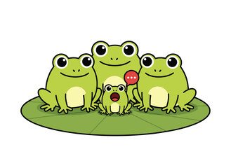 Fototapeta premium A humorous green frog family cartoon sits on a leaf in a pond, rendered as a vector illustration in a children's style