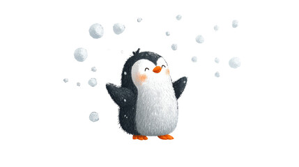 Fototapeta premium Cute penguin joyfully throwing snowballs in a playful winter scene, surrounded by soft snowflakes, evoking a sense of fun and happiness in a whimsical illustration. transparent background