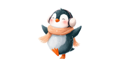 Cute penguin wearing earmuffs and a scarf joyfully skating on ice, showcasing a playful winter scene with vibrant colors and cheerful ambiance. transparent background