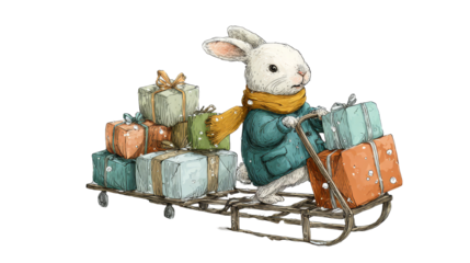 Cute rabbit in a warm scarf pulling a sled filled with colorful gifts, showcasing a whimsical winter scene with festive charm and playful spirit. transparent background