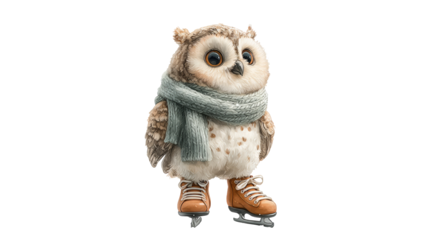 Cute owl wearing a cozy scarf and ice skates, standing on a smooth surface, showcasing a whimsical winter theme with charming details and playful expression. transparent background
