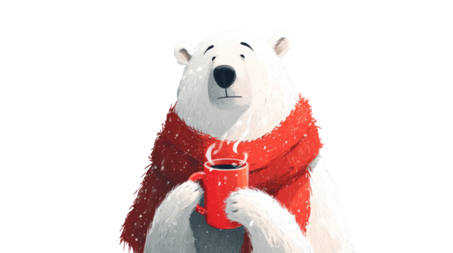 Cute polar bear wearing a red scarf, holding a mug of cocoa, surrounded by a snowy atmosphere, evoking warmth and coziness in winter. transparent background - Powered by Adobe