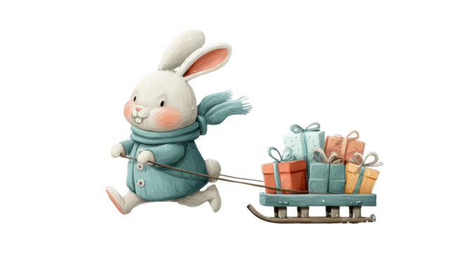 Cute rabbit in a blue scarf joyfully pulling a sled filled with colorful gifts, showcasing a whimsical winter scene with a playful atmosphere. transparent background