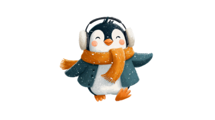 Cute penguin illustration wearing headphones and an orange scarf, joyfully dancing in a snowy environment, capturing a playful winter spirit. transparent background