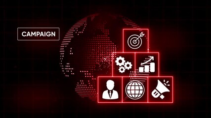 Digital campaign strategy icons business growth global reach marketing success target achievement team collaboration communication megaphone analytics gears - Powered by Adobe