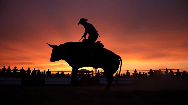 Silhouette of Bull Rider in Mid-Air at Sunset - A silhouetted video captures the action of a bull rider in mid-air during a rodeo event.