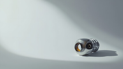 Minimal corporate composition showing a single robotic eye or sensor lens. Futuristic precision with large negative space for text or branding.