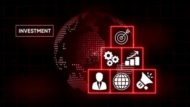 Digital investment strategy growth success business concept with global network and financial icons representing progress and achievement in a dark red abstract background - Powered by Adobe