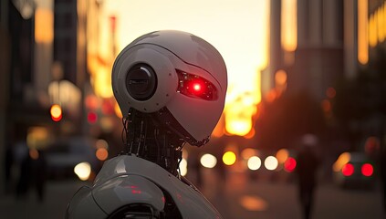 Photo of an advanced humanoid robot with glowing red eyes, standing in the middle of a city street at sunset.