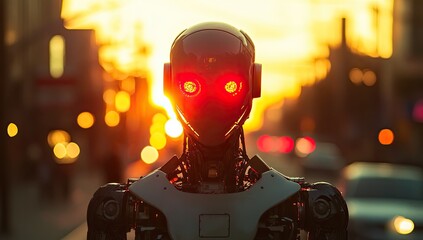 Photo of an advanced humanoid robot with glowing red eyes, standing in the middle of a city street at sunset.
