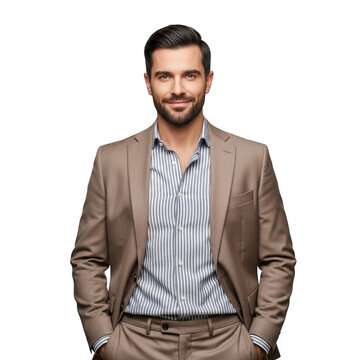 Professional handsome man wearing a stylish tan suit and striped shirt with hands in pockets isolated on transparent background