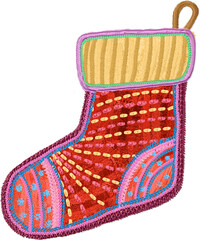 Joyful christmas stocking element with colorful embroidery and decorative stitch pattern. festive holiday decoration