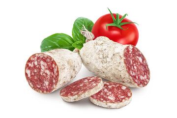 Cured salami sausage isolated on white background. Italian cuisine with full depth of field