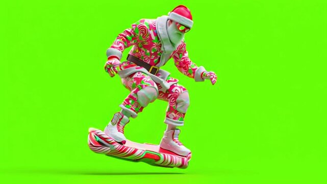 Santa claus riding a hoverboard with a candy cane design, wearing sunglasses and a festive outfit, isolated on a green background
