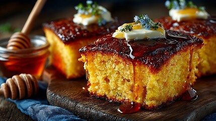 American cornbread slices honey glaze wooden table rustic bakery vibe