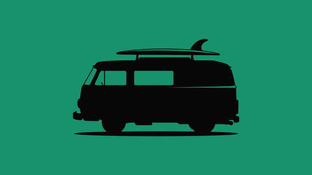 Vintage surf van silhouette with board on top, a symbol of summer adventure and a carefree lifestyle, perfect for coastal destinations and travel designs