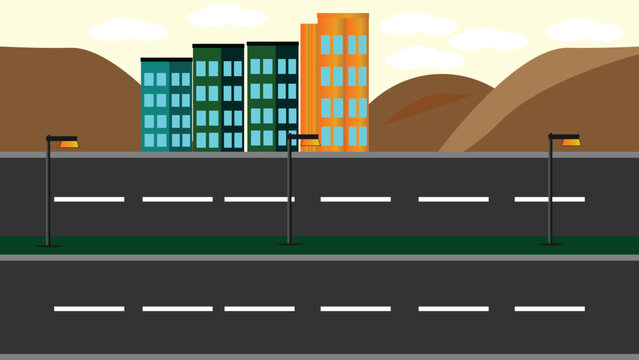 City street scene, Flat vector urban street with multi-lane road, grassy median, streetlights, and city buildings under a cloudy sky. Modern style background.