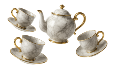 A premium marble tea set with gold handles, perfect for an elegant city apartment.