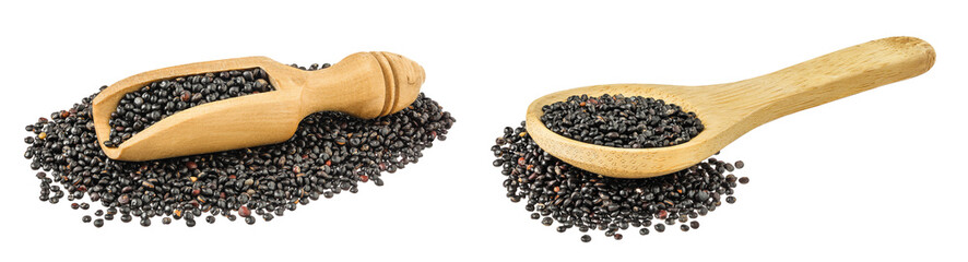black quinoa in wooden scoop and spoon isolated on white background
