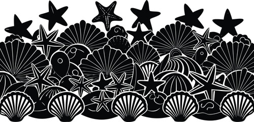A dense collection of various seashells and starfish in a bold black and white silhouette against a white background perfect for coastal designs