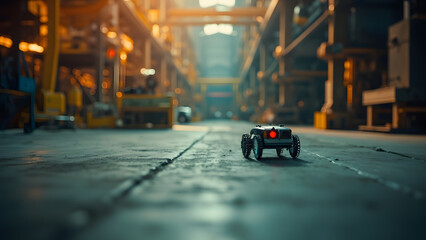 Tiny maintenance robot on a vast factory floor. Soft industrial light with copyspace for corporate design use.