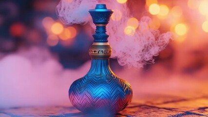 Decorative blue hookah emits smoke
