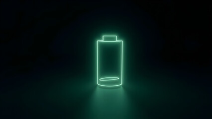 Minimal glowing battery icon on dark background with neon green outline. Left-side copyspace for text, representing energy or power.