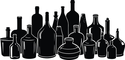 Collection of various dark glass bottles arranged in a still life silhouette against a white background showcasing diverse shapes and sizes