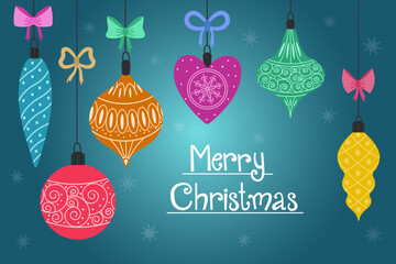Christmas and New Year background with garlands and Christmas toys.The concept of a Merry Christmas.Realistic Christmas balls decorated with ribbon and bow.