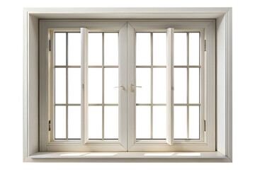 Fototapeta premium White French casement window, with metal security bars and light reflections on the sill, cutout, PNG isolated on white or transparent background